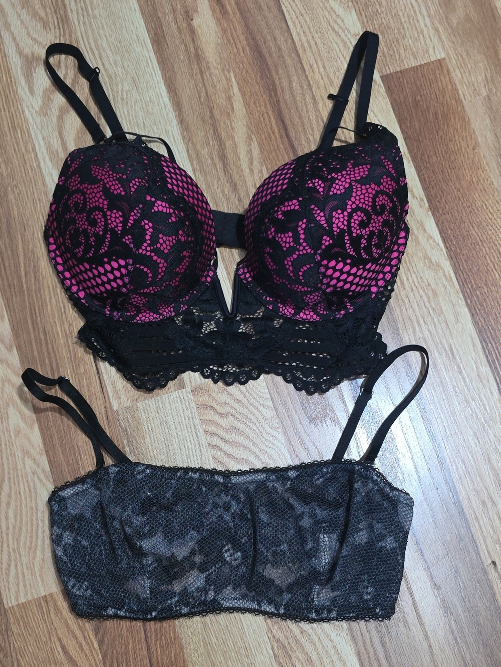 Black Lace Overlay Push-Up Bra with Pink Accent, Bralette Bra Bundle